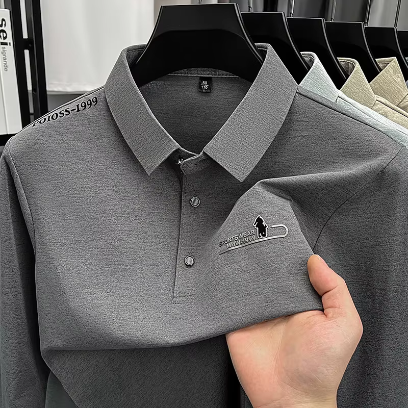 Polo à manches longues pour homme avec logo imprimé, tissu doux et respirant, haut décontracté pour