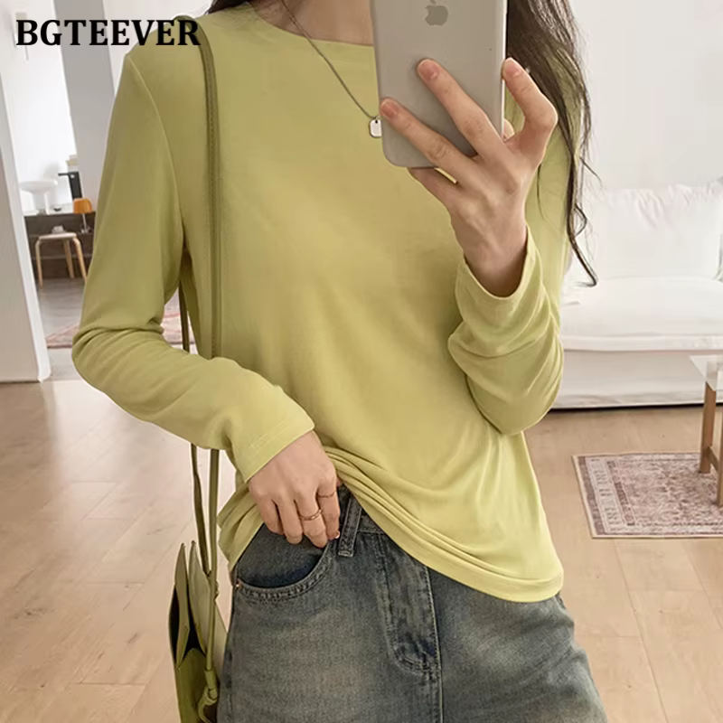 BGTEEVER-T-shirt en coton à manches longues pour femmes, Économie décontractés pour femmes, Noir et