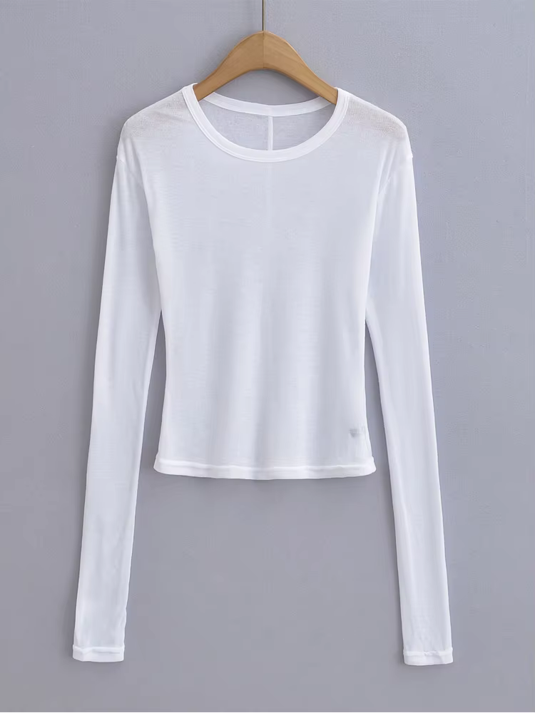 T-shirt semi-transparent ajusté à col rond pour femme, manches longues