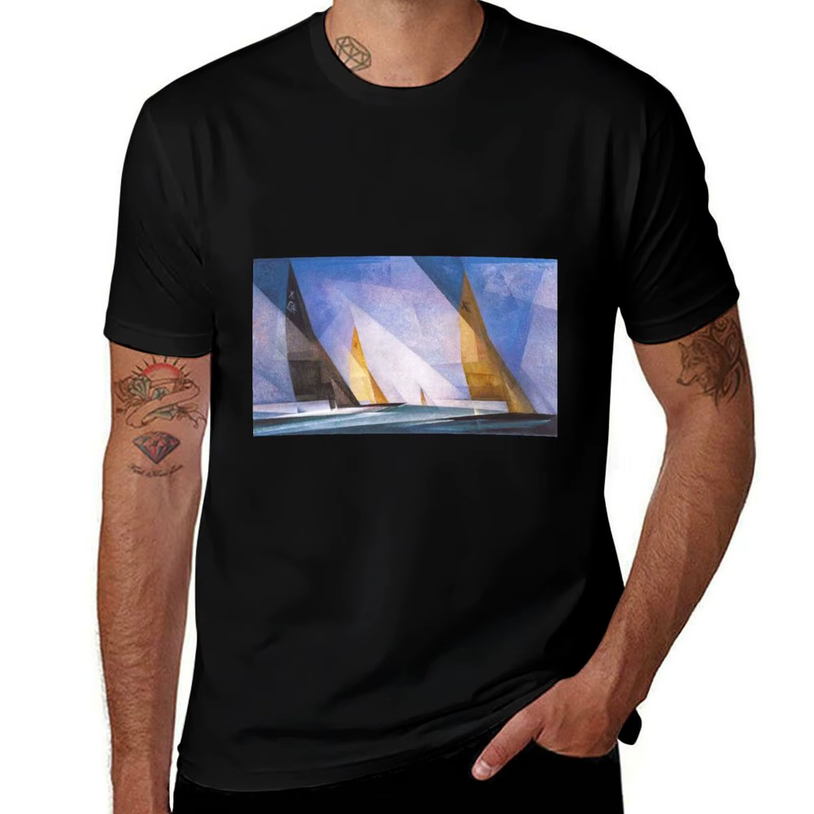 T-shirt à manches courtes basique pour hommes, avec peinture de paysage côtier, de bateaux à voile, 