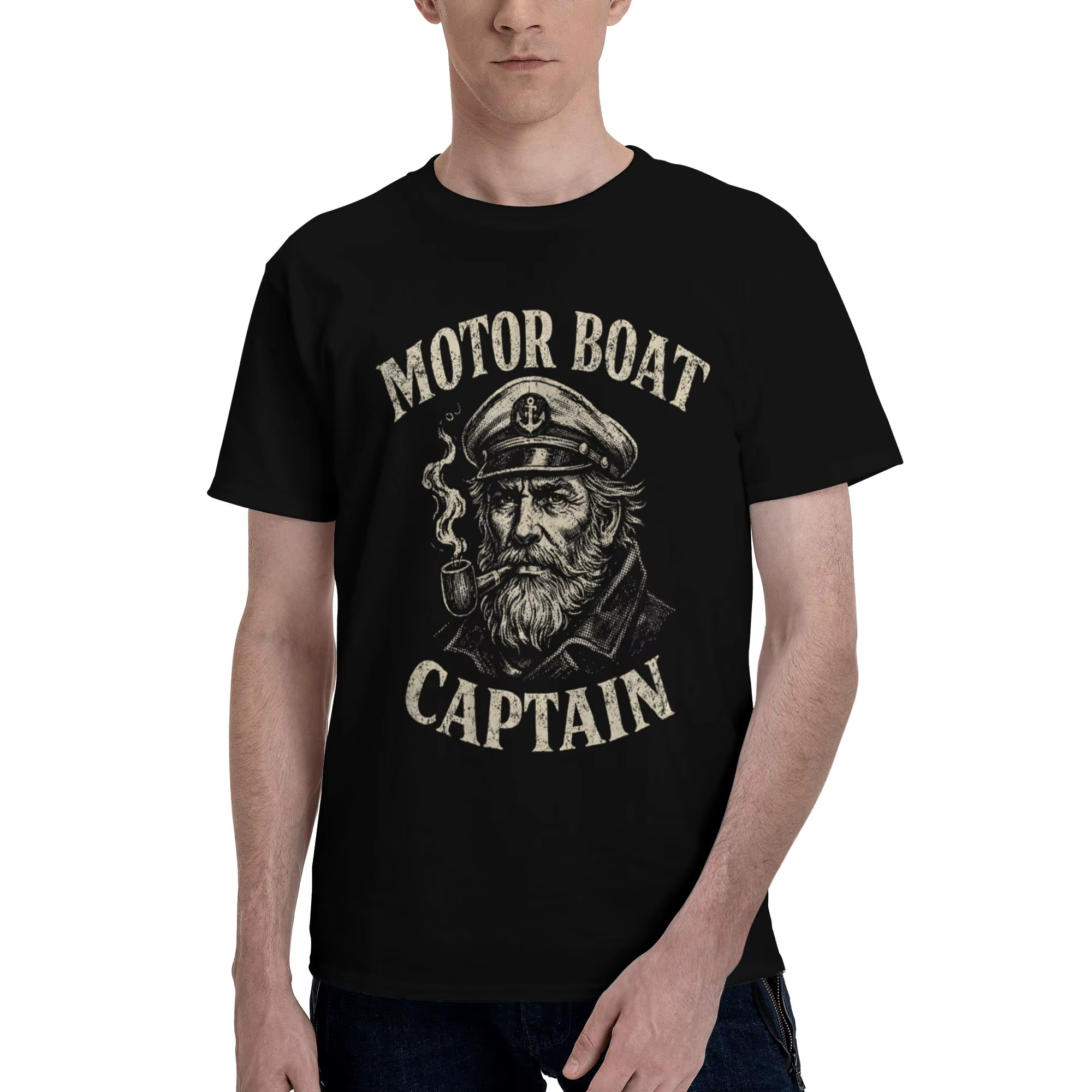 T-shirt en coton pur à manches courtes et col rond pour hommes, avec motif amusant de capitaine de b