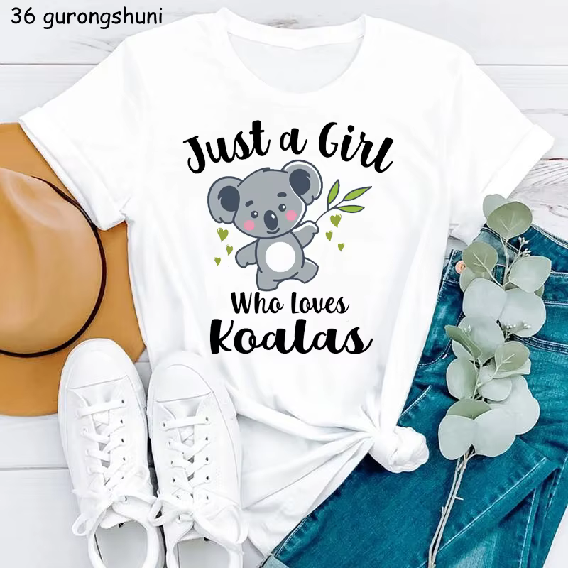 T-shirt femme blanc, humoristique et estival, Just A Girl Who Love Koala, Harajuku, Kawaii