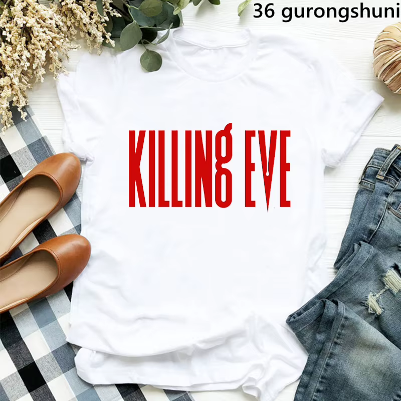 T-shirt manches courtes femme, estival et à la mode, avec poche imprimée, Killing Eve, Harajuku