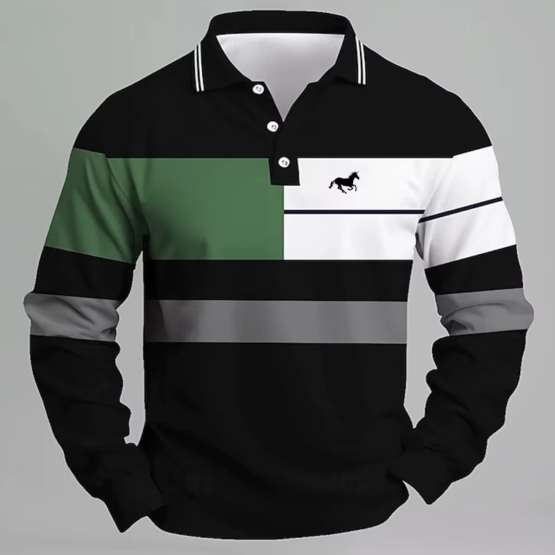 Polo avec logo licorne imprimé rayé pour hommes – T-shirt décontracté à manches longues