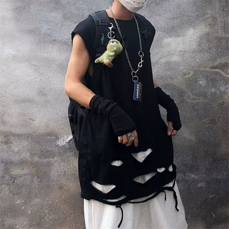 Débardeur d'été déchiré style punk hip-hop vintage pour hommes et femmes