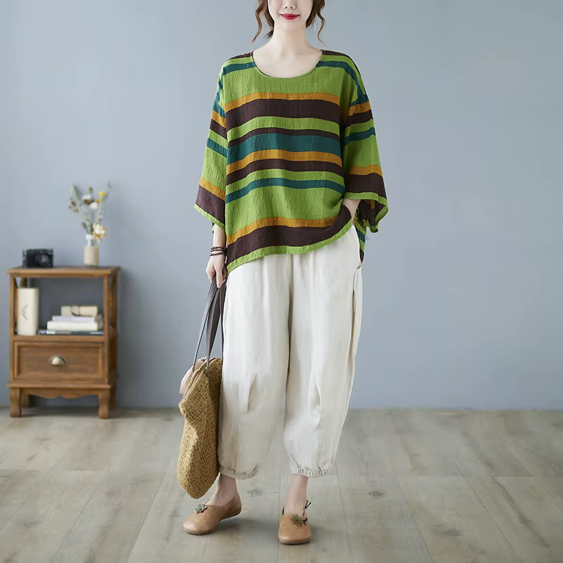 Anteef surdimensionné coton vintage rayure décontracté lâche été t-shirt femmes
