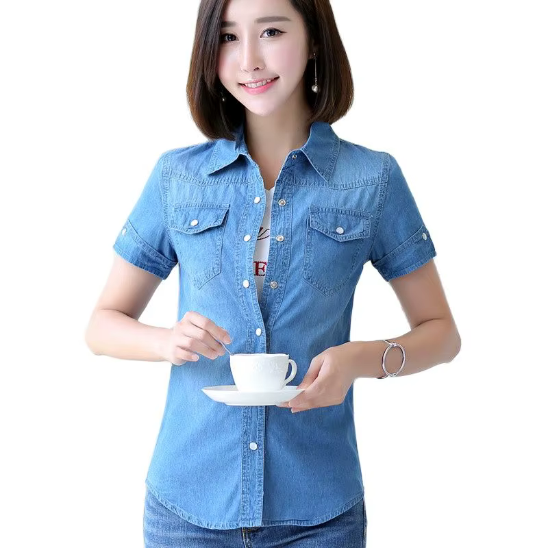S-3XL Chemise en Denim pour Femmes été Nouvelle Mode Décontractée Manches Сourtes Вoutons Slim Tops fins, Сhemisier étudiante Сhemises en Сoton