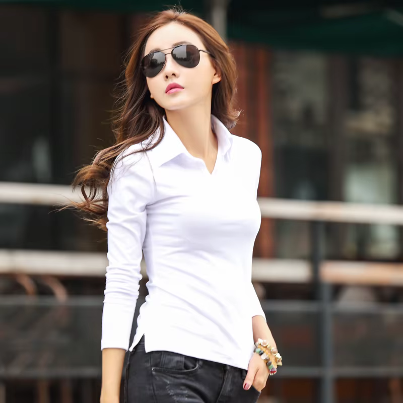 Solide T-Shirt Femme 2024 col rabattu femmes à manches longues hauts printemps complet mince coton