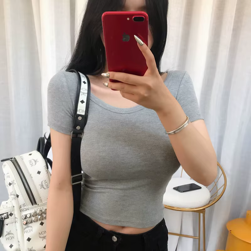 Crop Top Noir T-shirts Slim Sexy Basiques Courts Femme Club Blanc Chemises