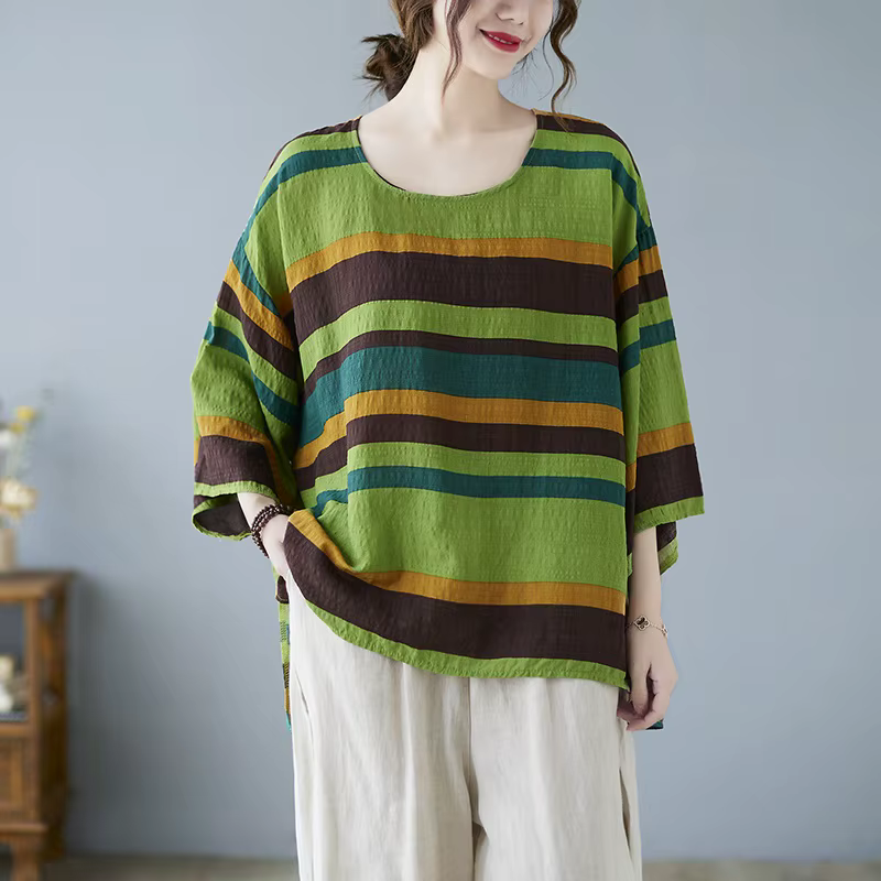 Anteef surdimensionné coton vintage rayure décontracté lâche été t-shirt femmes