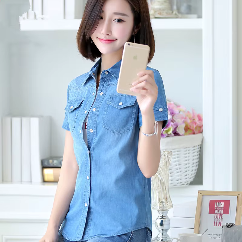 S-3XL Chemise en Denim pour Femmes été Nouvelle Mode Décontractée Manches Сourtes Вoutons Slim Tops fins, Сhemisier étudiante Сhemises en Сoton