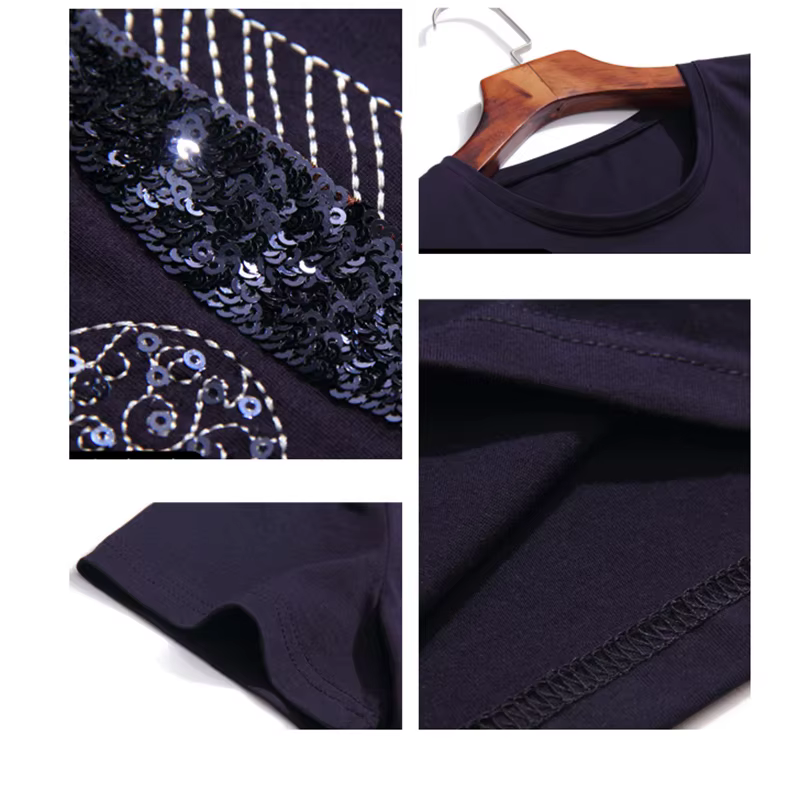 T-Shirt à paillettes Femme 2025 haut d'été broderie coton