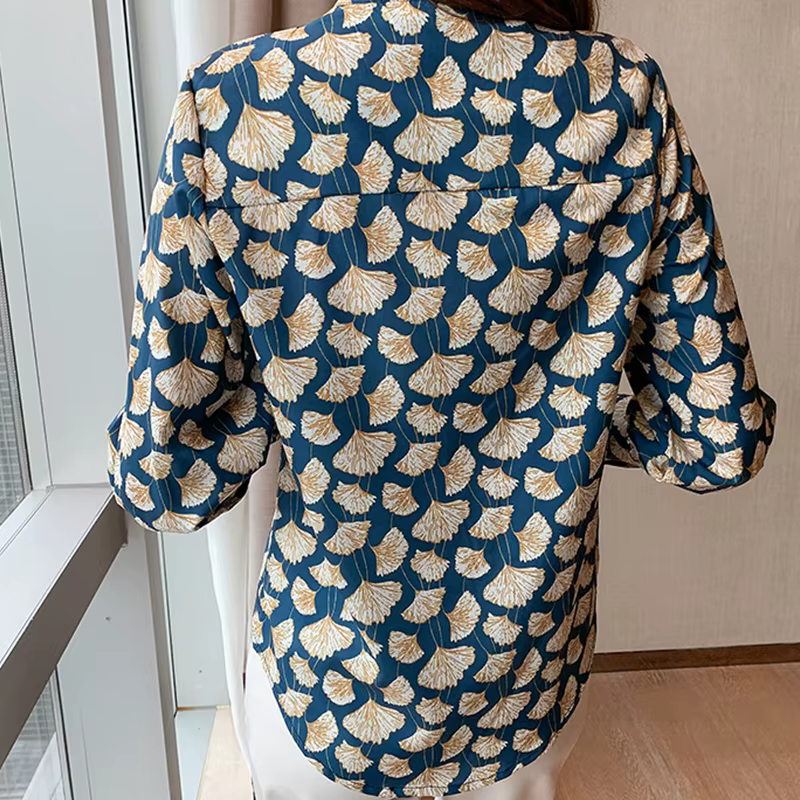Style français femmes Blouses ginkgo imprimé dames chemises printemps automne à manches longues dessus de chemise Blusas Mujer