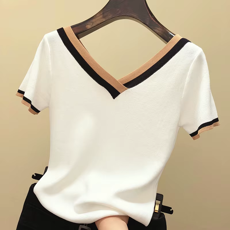 T-shirt rayé à col en V pour femmes, haut d'été, vêtements pour femmes, 2024
