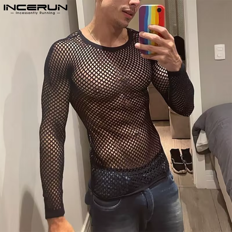 T-shirt à manches longues en maille transparente pour hommes