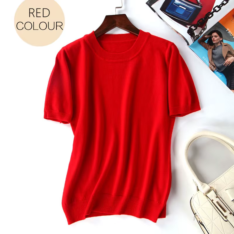 Pull tricoté à manches courtes et col rond pour femme