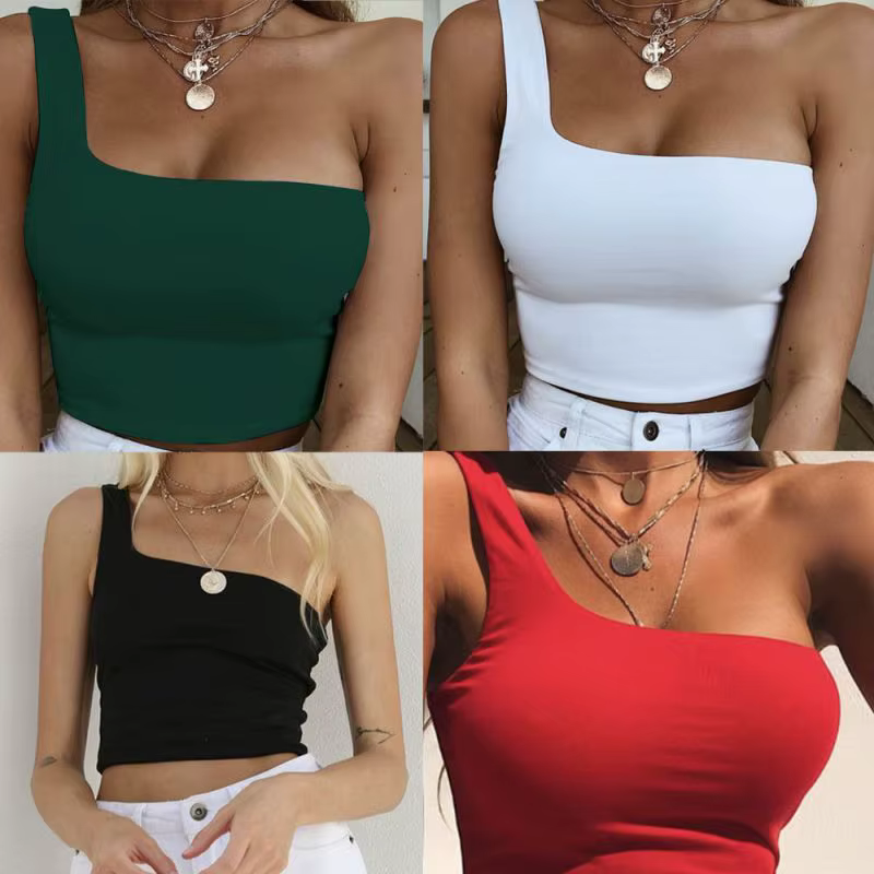 Femmes dame femme une épaule culture hauts sans manches T-Shirt débardeurs été plage gilet nu ventre été mode vêtements