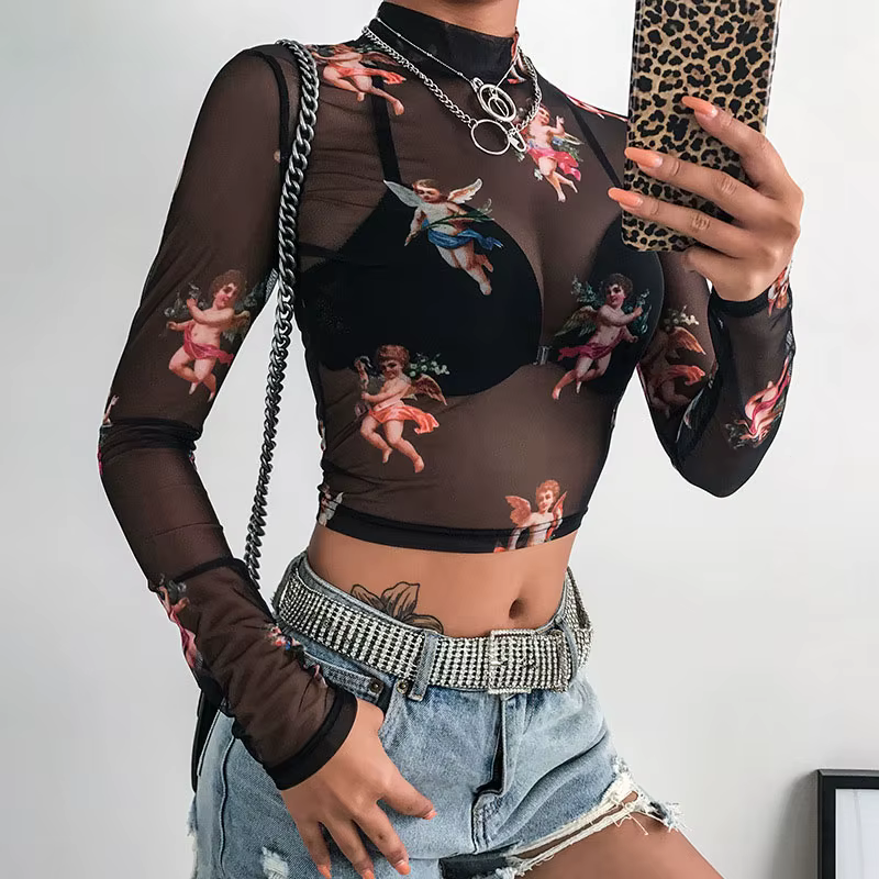 T-shirt à col roulé à manches longues en maille transparente pour femmes