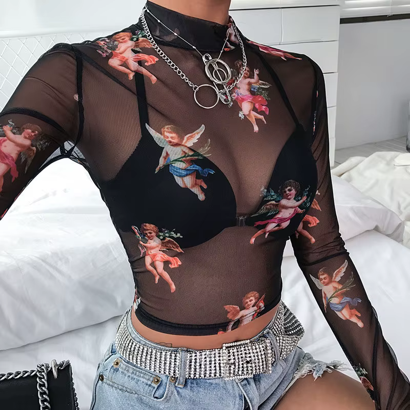 Femmes Sexy T-Shirt voir à travers des hauts en maille transparente à manches longues pure mince dames col roulé