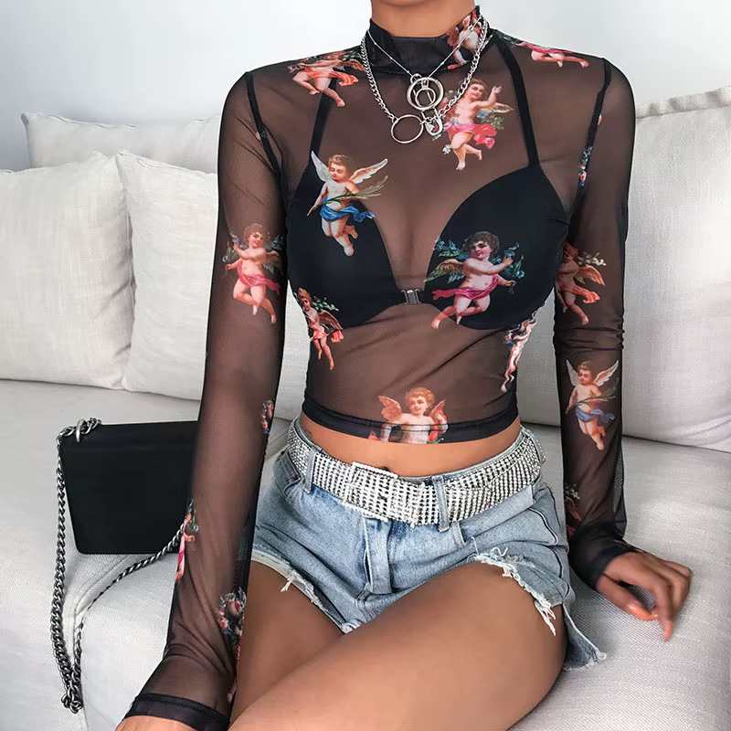 T-shirt à col roulé à manches longues en maille transparente pour femmes