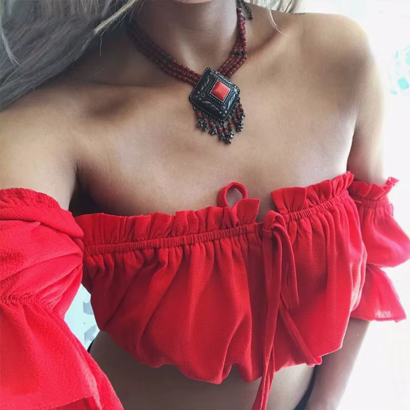 Crop tops femmes été lanterne manches sexy bretelles plage hauts rouge noir blanc froncé haut court débardeur croptop
