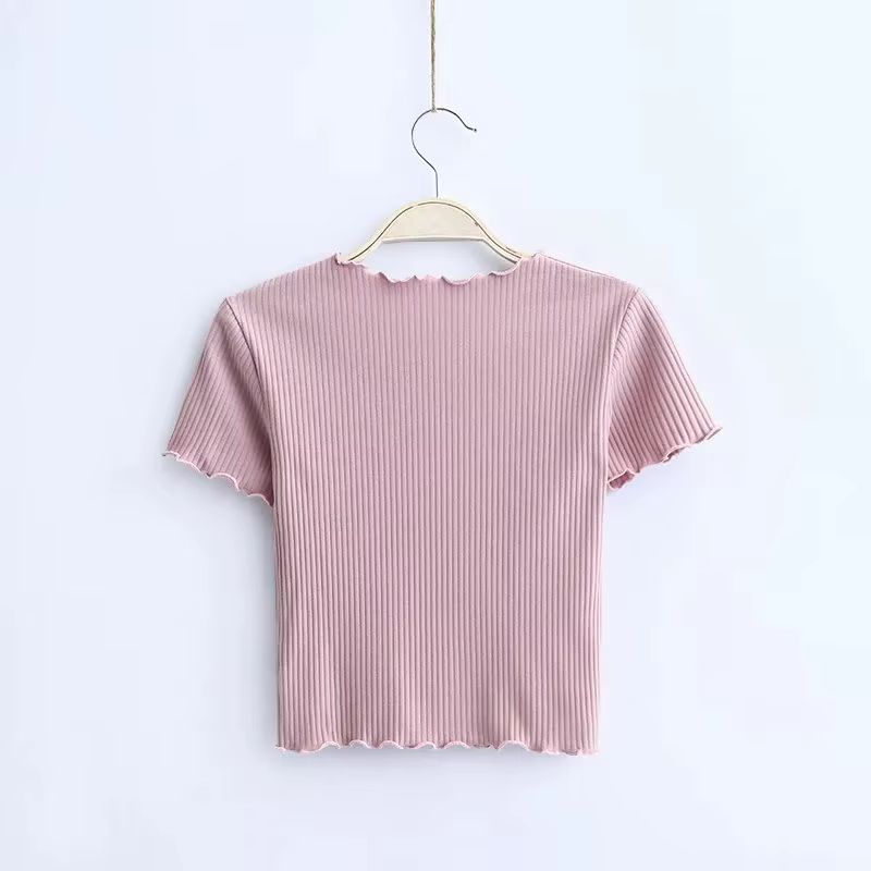 Vintage bois oreilles O cou à manches courtes T-shirt 2025 nouvelle femme coupe ajustée