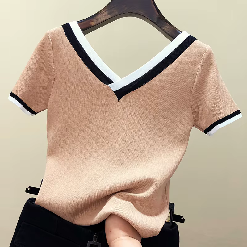 T-shirt rayé à col en V pour femmes, haut d'été, vêtements pour femmes, 2024