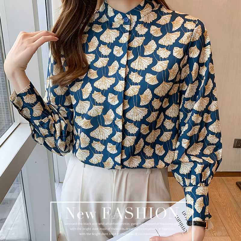 Style français femmes Blouses ginkgo imprimé dames chemises printemps automne à manches longues dessus de chemise Blusas Mujer