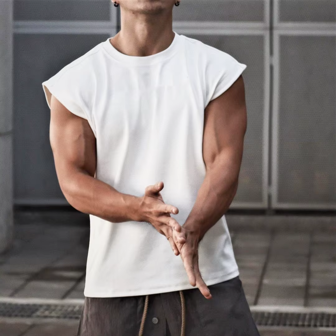 Débardeur à épaules larges pour hommes, haut court décontracté et ample, vêtements d'entraînement, chemise sans manches