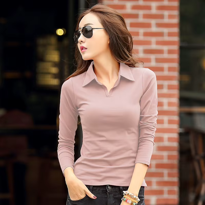 Solide T-Shirt Femme 2024 col rabattu femmes à manches longues hauts printemps complet mince coton