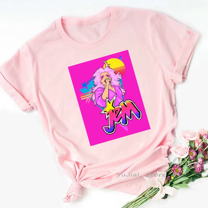 T-shirt femme rose, humoristique, Jem et l'hologramme, harajuku, été 2024