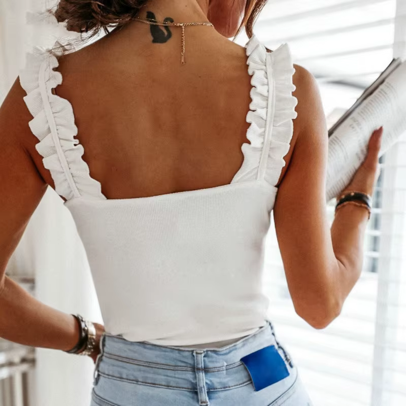 Précieux Y-Femmes Col Carré Monochromatique Tricot Décontracté Basique Ddeau Lit Slim Volants
