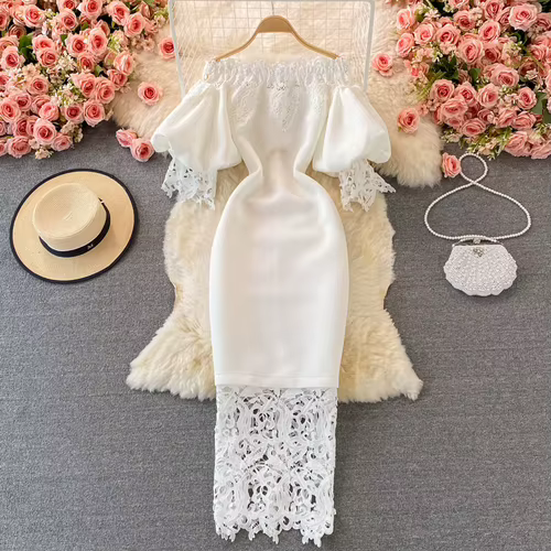 Neploe rétro Style français crayon dames Robe Slash col lanterne manches taille haute robes De Mujer dentelle Patchwork femmes Robe