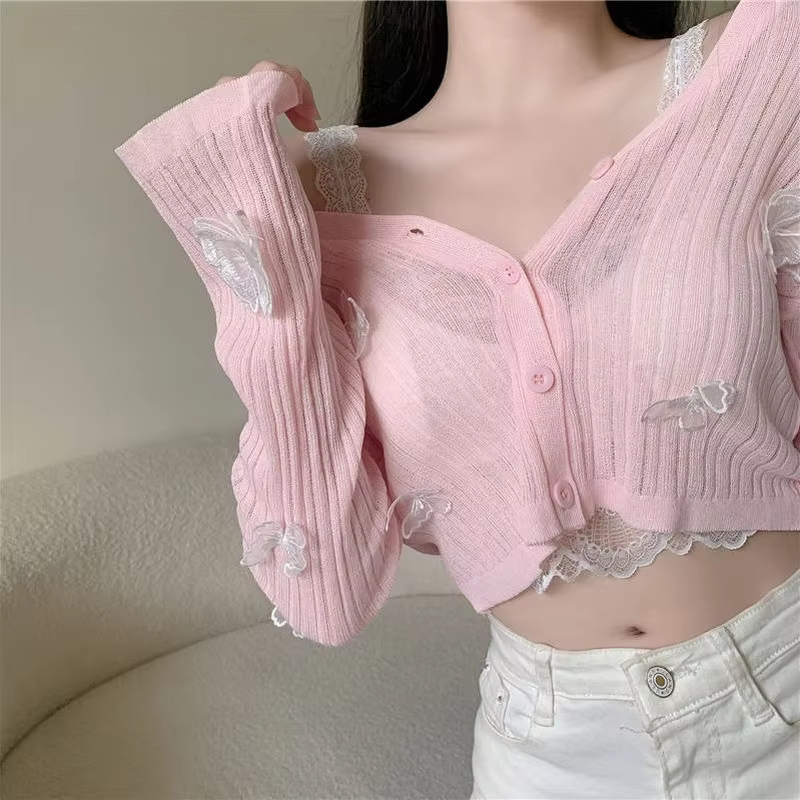 T-shirt court en dentelle papillon pour femme