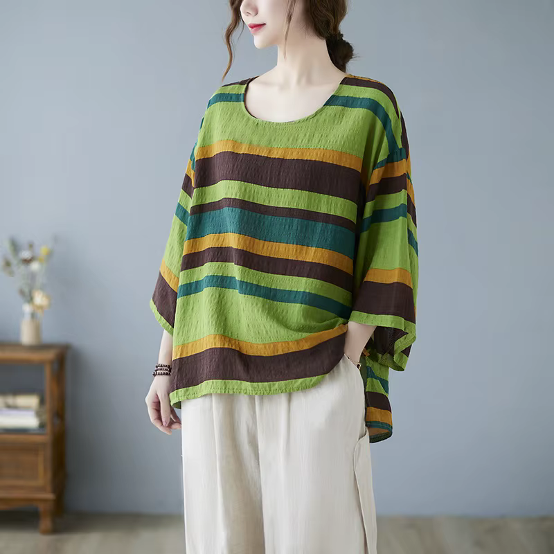 Anteef surdimensionné coton vintage rayure décontracté lâche été t-shirt femmes