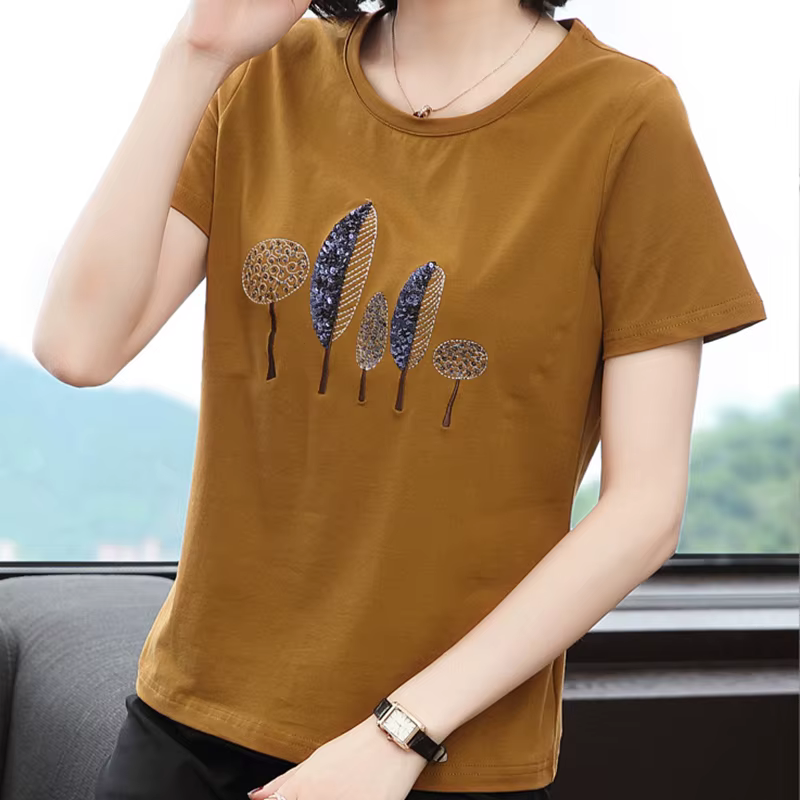 T-Shirt à paillettes Femme 2025 haut d'été broderie coton