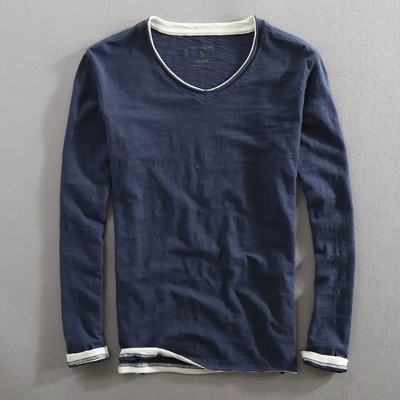Hommes à manches longues T-shirt coton col en v solide décontracté hauts t-shirts