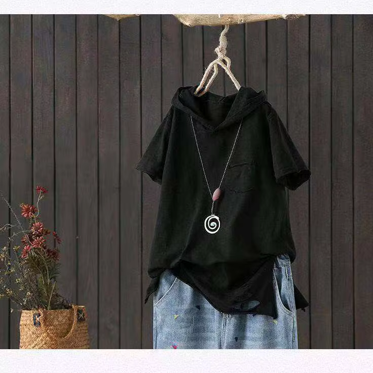 T-shirt à capuche pour femmes 2025 Original 95% coton été nouveau Style ample coton à manches courtes trou littéraire décontracté femmes vêtements