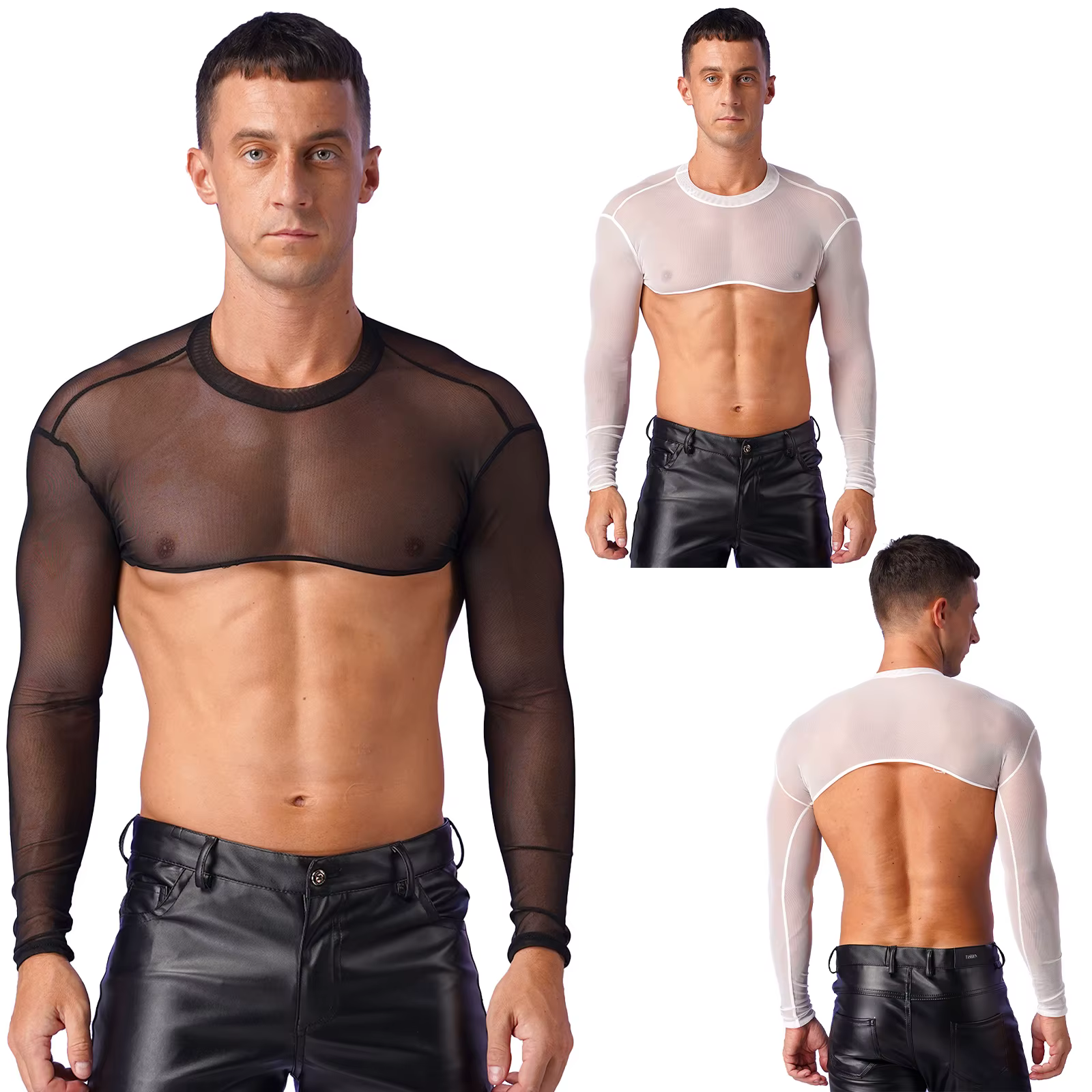 Hommes transparent maille transparente demi débardeurs chemises à manches longues corps poitrine harnais haut court