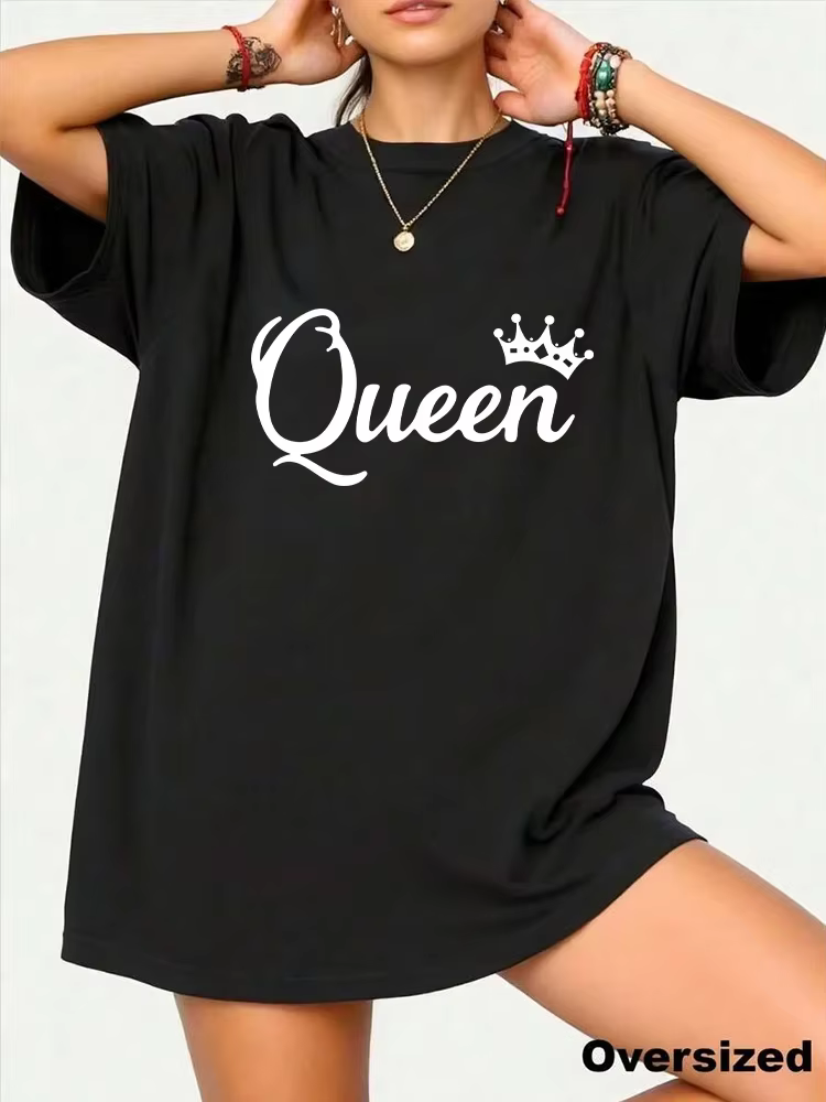 T-shirt Oversize Imprimé Queen 2026 Nouvelle Collection Femme Printemps-Été – Haut Décontracté Quotidien à Manches Courtes en Coton – Vêtements Féminins