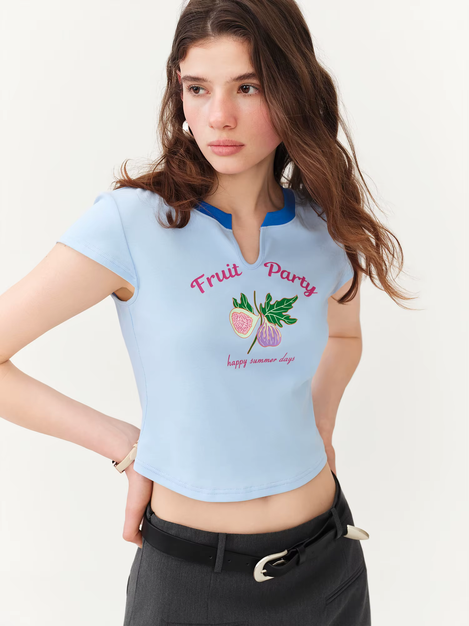 T-shirt ajusté à manches courtes FSLE pour l'été 2026 – Nouvelle collection – Hauts courts imprimés audacieux style sexy en coton – Nouveau design