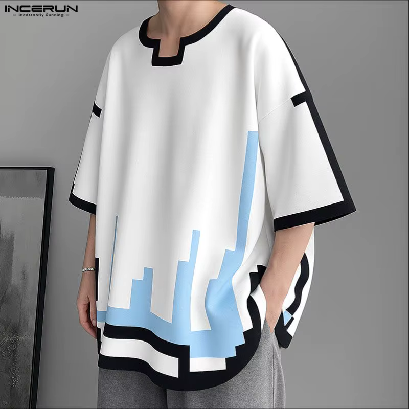 INCERUN hommes t-shirt à manches courtes impression lâche Style coréen mâle