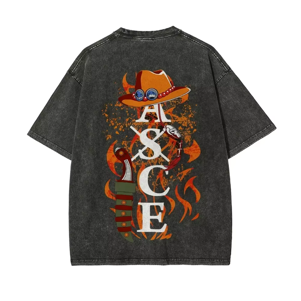T-shirt Ace One Piece ASCE Tatouage Feu Vintage Délavé Streetwear Oversize Rétro Anime Japonais Graphique Coton Homme