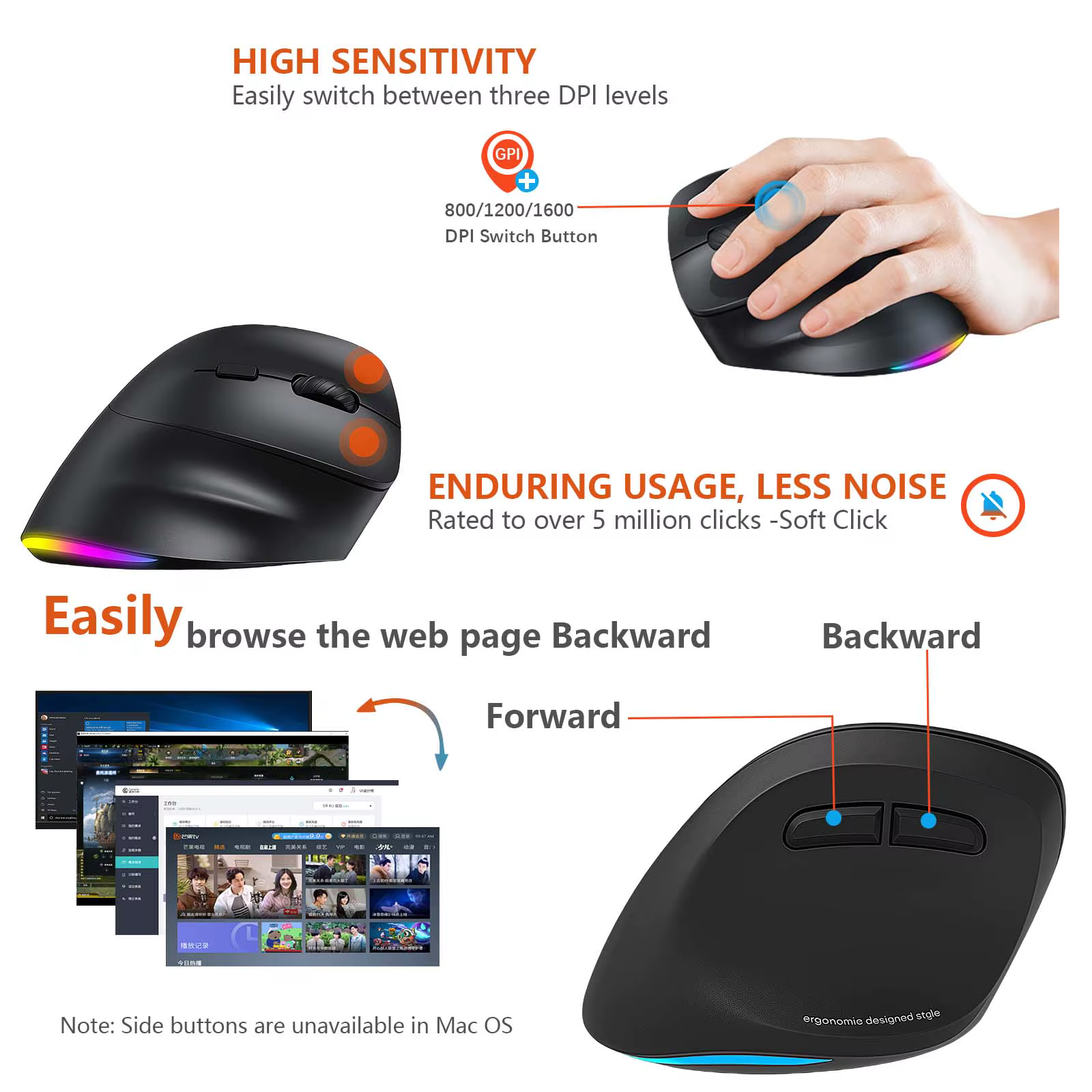 Souris sans fil ergonomique verticale pour gaucher Meetion BTM010, rechargeable, rétroéclairée RGB, souris de jeu anti-fatigue, pour le bureau
