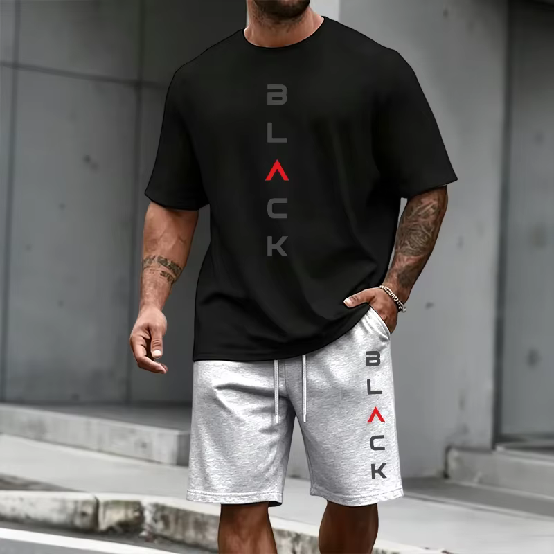 Ensemble T-shirt et short imprimé lettres noires pour homme – Tenue décontractée sportive d'été à manches courtes – Mode urbaine Streetwear