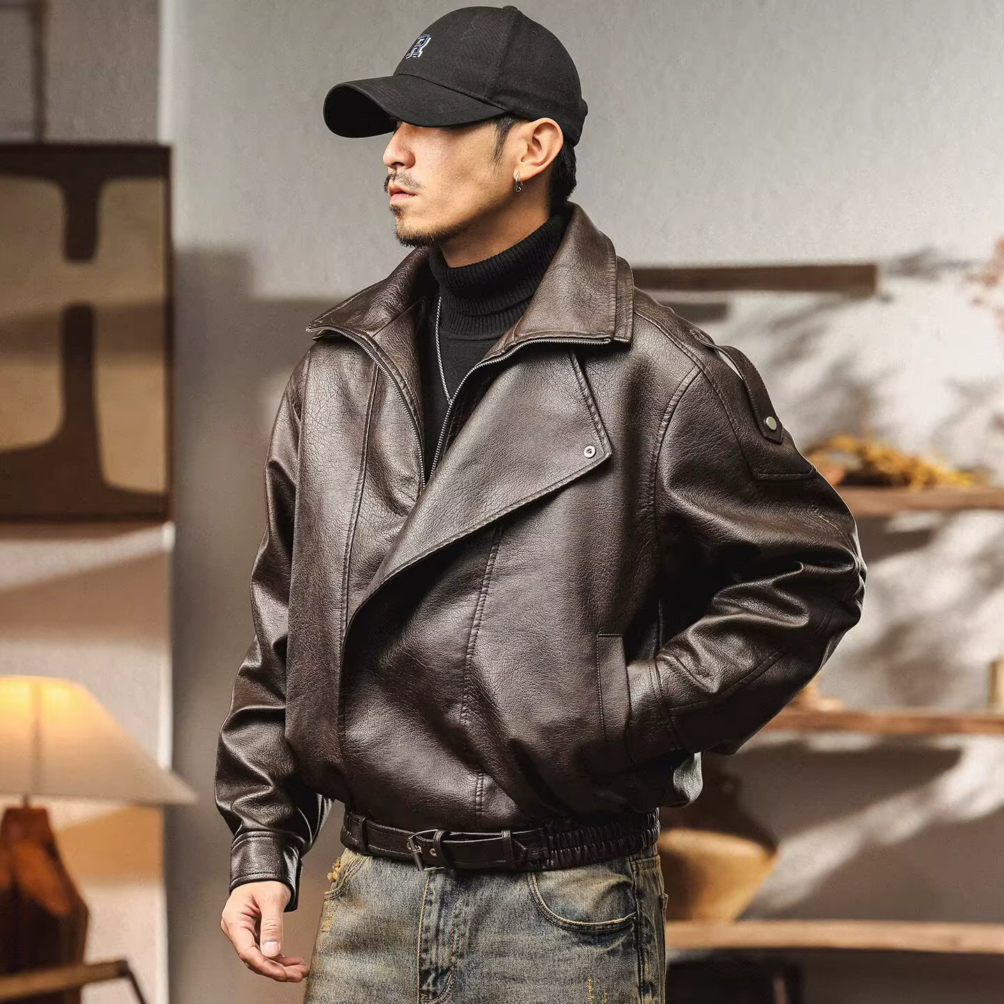 Veste en cuir PU rétro américain pour hommes