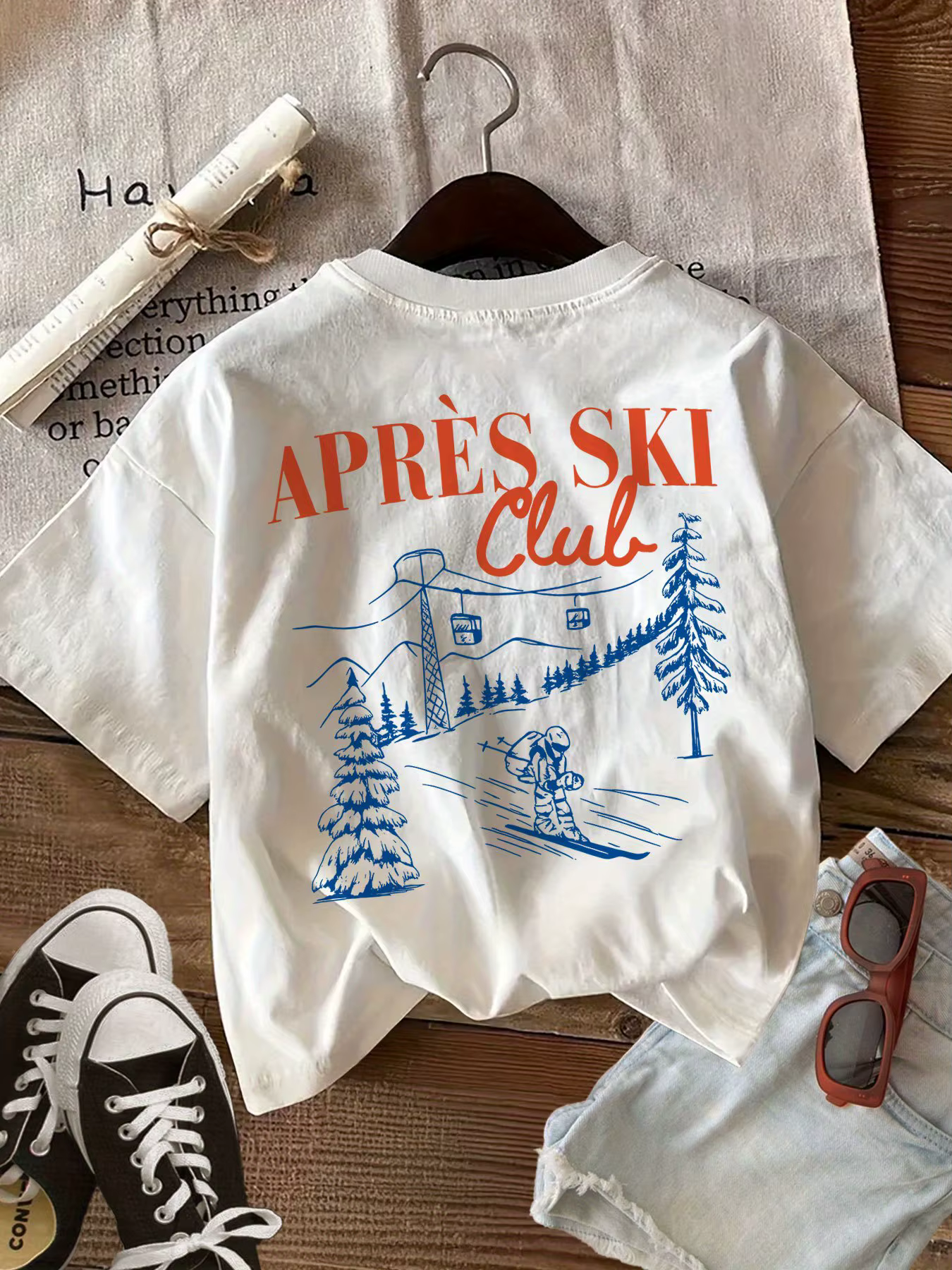 T-shirt de ski vintage pour femme en coton doux à manches courtes et col rond