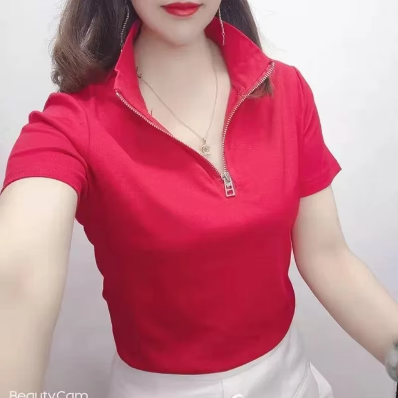 Chemise à col polo pour femme uni Slim 100 ℅ Coton rouge