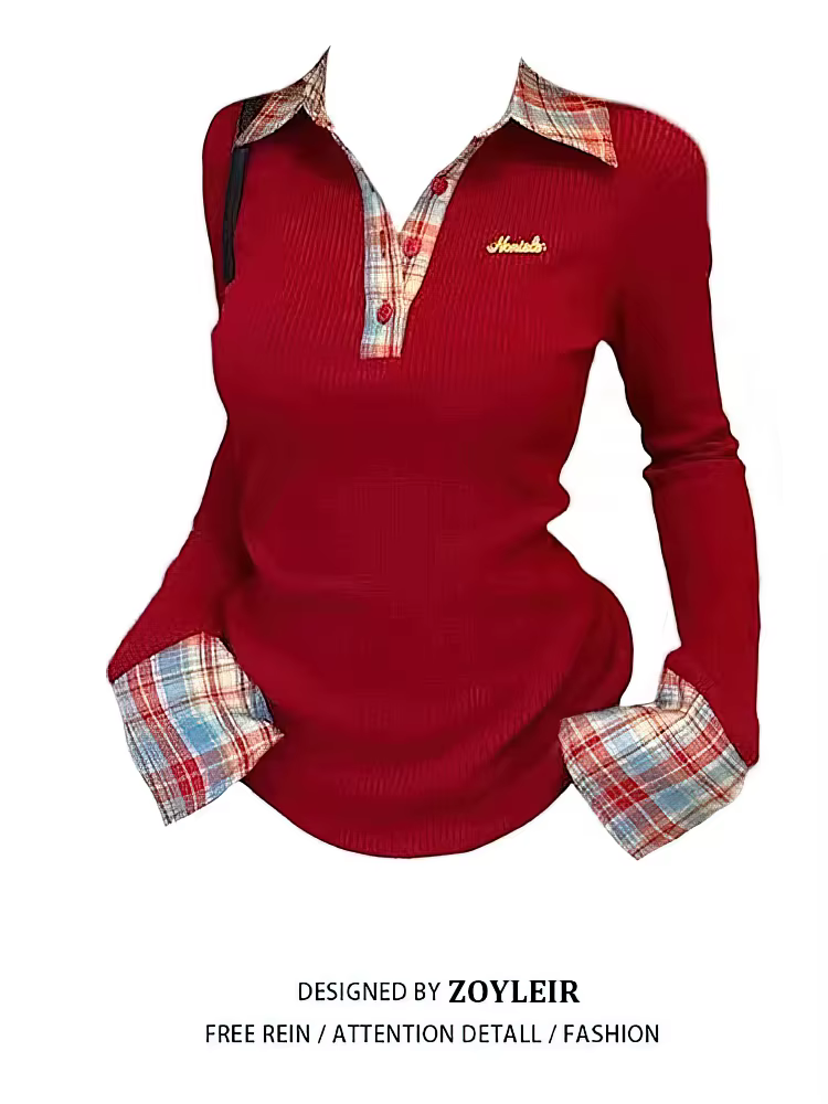 T-shirt à col polo à carreaux à manches longues pour femme