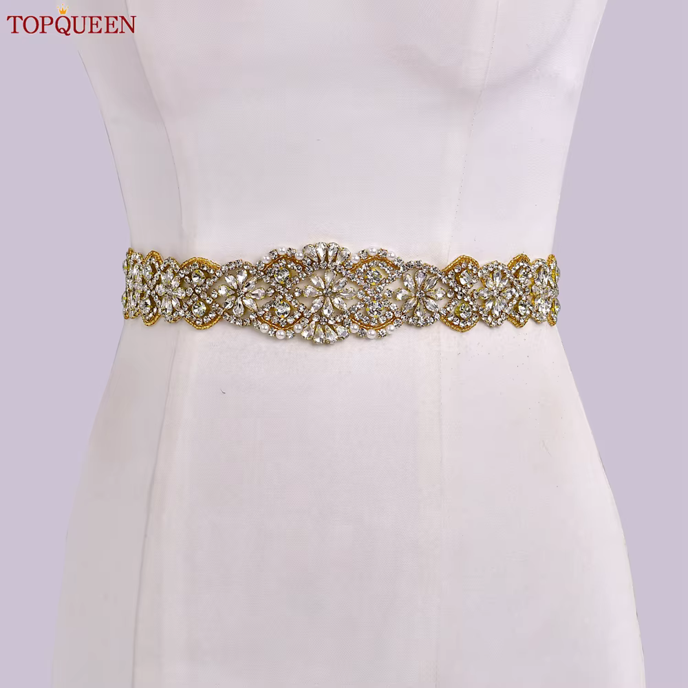 TOPCLS EEN robe de mariée ceinture de luxe cristal doré femmes Saree large biscuits Applique pour soirée robe de mariée cadeaux S161B-G